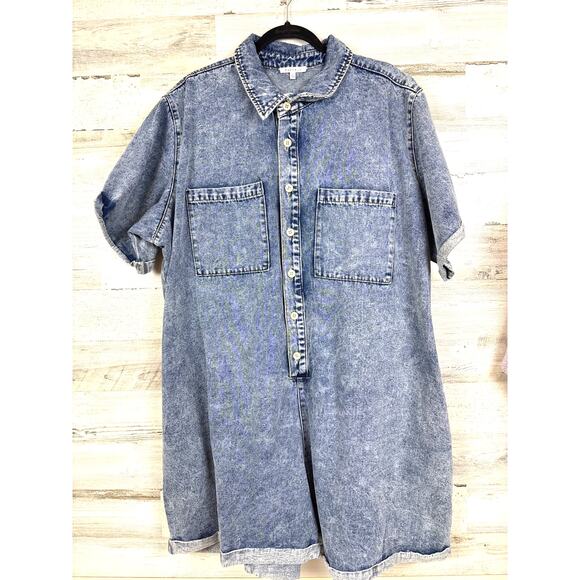 Baevely Womens Plus 3XL Blue Washed Denim Button Up Short Sleeve Jean Romper NWT - Picture 1 of 6